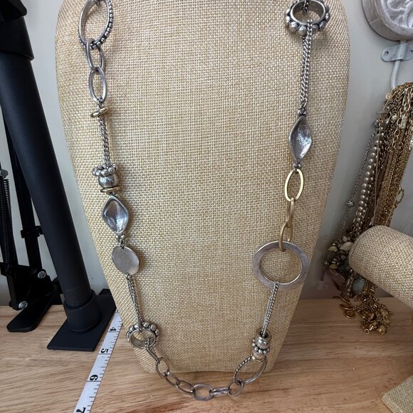 Chicos Mixed Metal Silver & Gold-Tone Long Layered Chain Necklace With Textured - Picture 6 of 11
